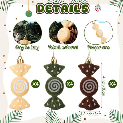 12PCS Christmas Tree Velvet Candy Ornaments – Flocked Glitter Hanging Decor