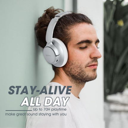 Wireless ANC Bluetooth Headphones 70H Playtime Deep Bass Silver Headset
