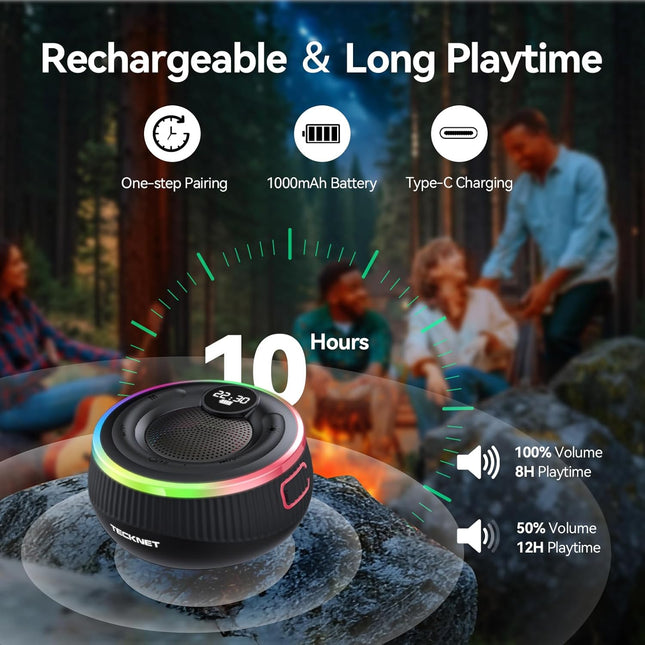 Bluetooth Shower Speaker IPX7 Waterproof RGB Light 10H Playtime Black