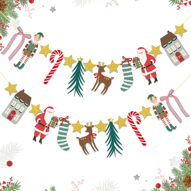 Merry Christmas Banner – Santa, Stocking & Reindeer Garland for Holiday Decor