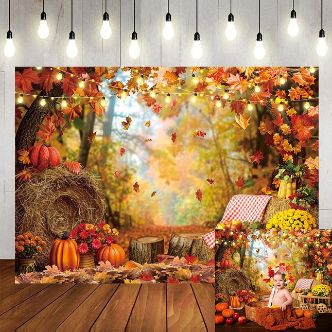 Fall Photography Backdrop 7x5FT – Autumn Maple Leaves, Pumpkins & Thanksgiving Decor