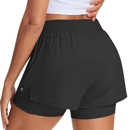 Women's 2 in 1 Running Shorts High Waisted Workout Shorts with Pockets