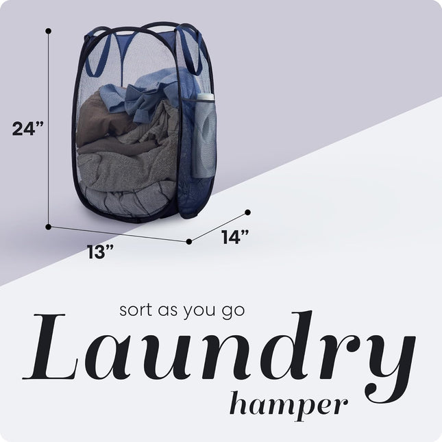 Collapsible Mesh Hamper 14x14x24" – Foldable Laundry Basket, Navy Blue