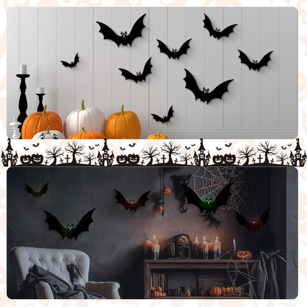 12-Pack Hanging Halloween Bats, 3 Sizes Glow-in-the-Dark Eyes, Indoor Outdoor Decor