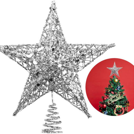 8" Glitter Star Tree Topper – Silver Christmas Treetop for Holiday Décor