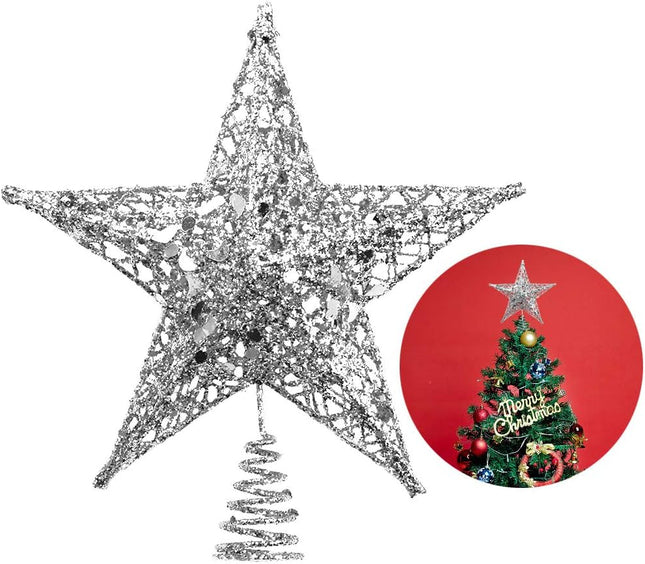 8" Glitter Star Tree Topper – Silver Christmas Treetop for Holiday Décor