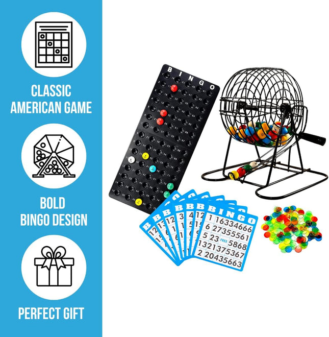 Complete Deluxe Bingo Game Set with Cage, 18 Cards, Balls and Chips