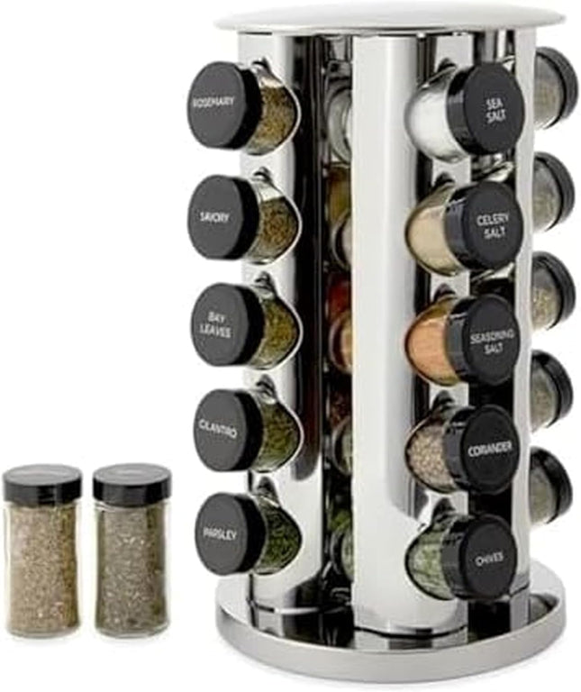 20-Jar Revolving Spice Rack with Free 5-Year Refills – Stainless Steel