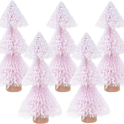 5PCS Mini Christmas Trees Pink Bottle Brush Trees with Wooden Base Decor