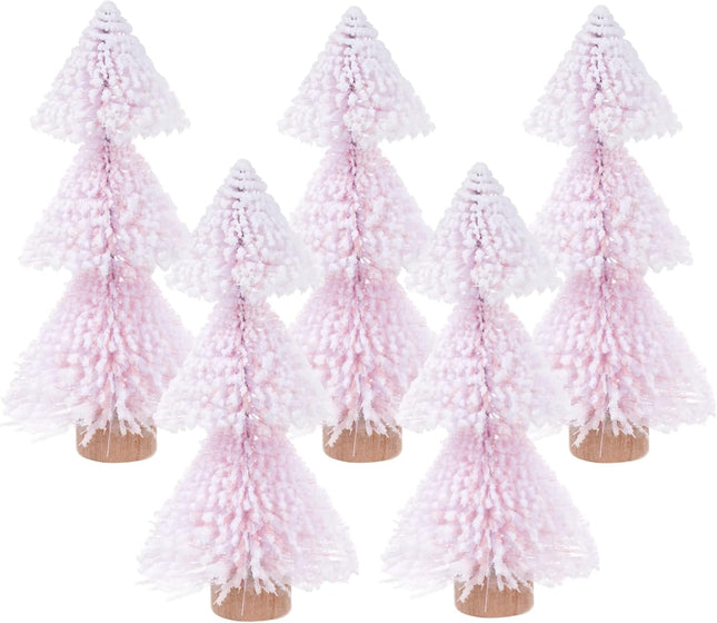 5PCS Mini Christmas Trees Pink Bottle Brush Trees with Wooden Base Decor