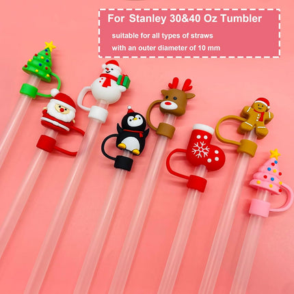 8PCS Christmas Straw Toppers – 3D Santa & Tree Silicone Caps for Stanley Tumblers
