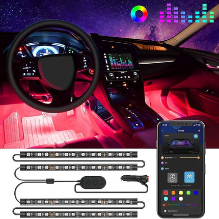 RGB Car Interior LED Lights, App Control, Music & DIY Mode, 2-Line 12V Car Lights