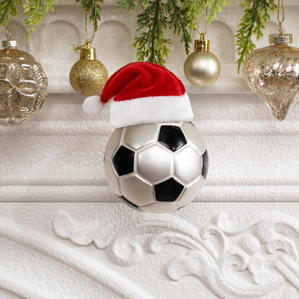2025 Glass Soccer Ornament – Hand-Painted Mini Ball with Removable Santa Hat