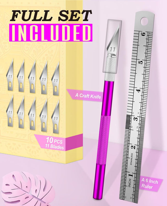 Craft Knife Set – Precision Hobby Knife with 10 Extra #11 Blades & Steel Ruler
