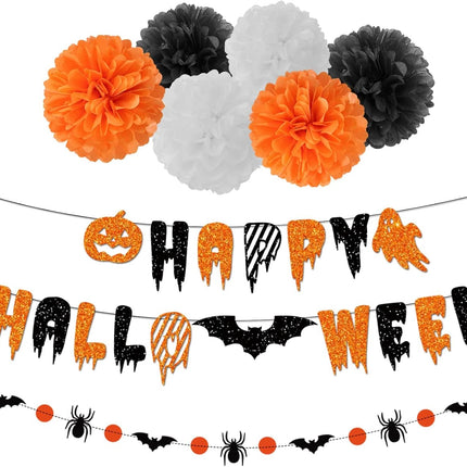 8-Piece Halloween Party Decor Kit, Happy Halloween Banner, Pom Poms & Bat Garland