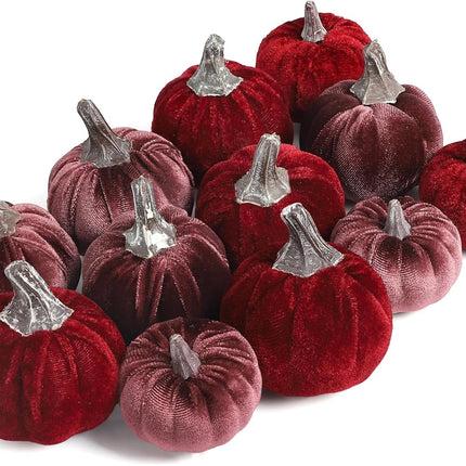 Burgundy Velvet Pumpkins Set of 12, Autumn Table Centerpiece & Harvest Decor