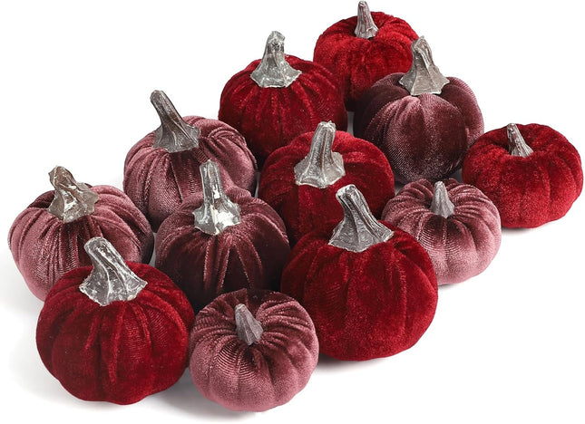 Burgundy Velvet Pumpkins Set of 12, Autumn Table Centerpiece & Harvest Decor
