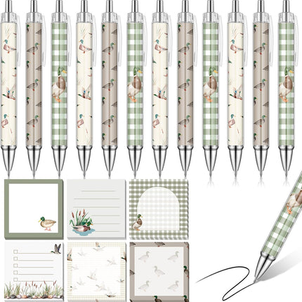 18 Pcs Stationery Set – 12 Aesthetic Pens, 6 Sticky Notes, Mallard Duck Design