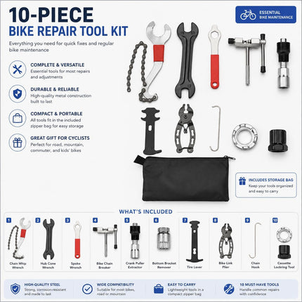10-Piece Professional Bike Tool Kit, Cassette Wrench, Crank Puller & Chain Breaker
