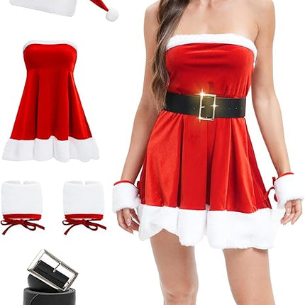 4PCS Women's Christmas Lingerie Set, Santa-Inspired Red Chemise with Belt & Cuffs