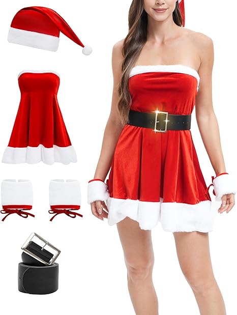 4PCS Women's Christmas Lingerie Set, Santa-Inspired Red Chemise with Belt & Cuffs