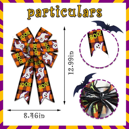 2-Piece Halloween Wreath Bows, Ghost Boo Plaid Burlap Linen Ribbon Home Decor