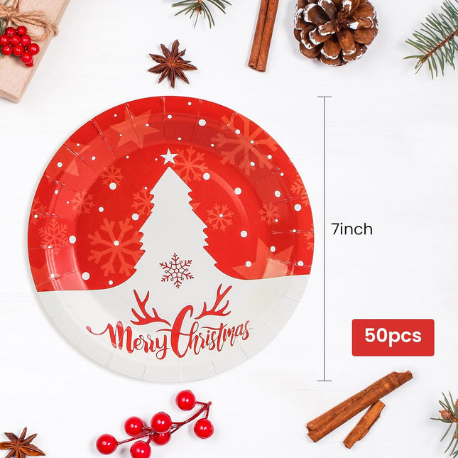 50PCS Christmas Paper Plates 7" – Disposable Dessert Plates with Tree Pattern
