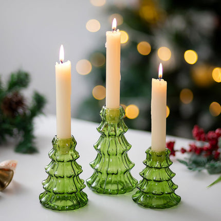 3PCS Green Glass Candle Holders Christmas Tree Ribbed Table Centerpiece