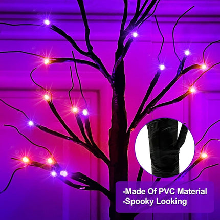 2-Pack 24in Halloween Light-Up Trees, 48 LED Orange Purple Tabletop Decor, Timer