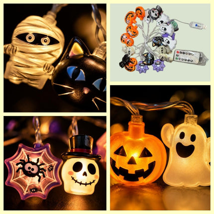 20LED Halloween String Lights with Remote, USB Pumpkin Ghost Mummy Cat Decor Lights