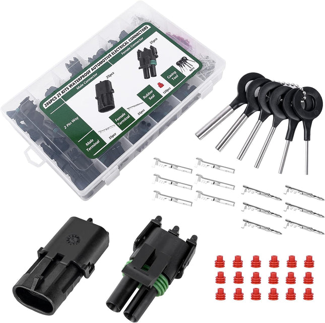 286PCS Waterproof Automotive Electrical Connector Kit, 25 Sets, 2-Pin 22-14AWG
