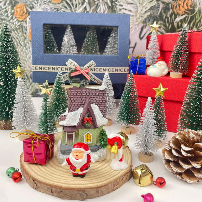 Miniature Christmas Pine Trees, Mini Bottle Brush Winter Trees for Tabletop Village Decor