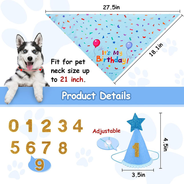 Dog Birthday Party Set: Bandana & Hat for Small, Medium, Large Dogs (Blue)
