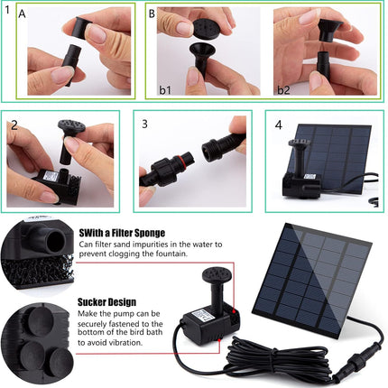 Solar Fountain Pump Kit, 1.8W with Separate Panel & 4 Nozzles for Outdoor Use