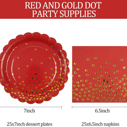 50PCS Red & Gold Dot Dinnerware – Disposable Plates & Napkins for Parties