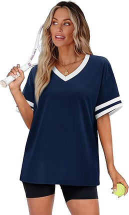 Women’s Loose Fit V Neck Color Block T Shirts Short Sleeve Summer Tops S–4XL