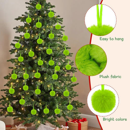 12pcs Lime Green Furry Ornaments – Faux Fur Pom Pom Balls for Christmas Décor
