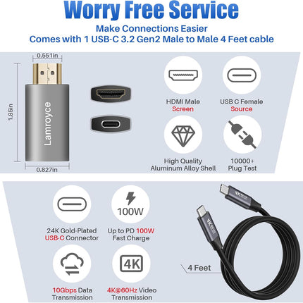 4K USB-C to HDMI Adapter – Uni-Directional, PD100W, 4FT Cable Included