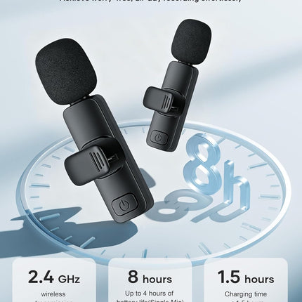 2 Pack Wireless Lavalier Microphone for iPhone Android iPad Recording
