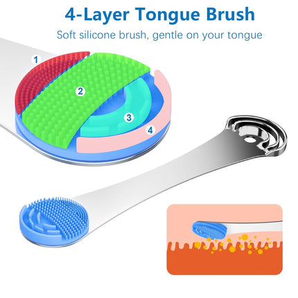 Tongue Scraper 3-Layer Stainless Steel Tongue Cleaner with Silicone Brush
