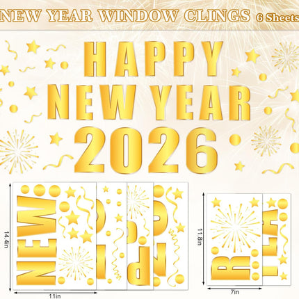 Happy New Year 2026 Window Decals – 6-Pc Gold Foil Party Decorations