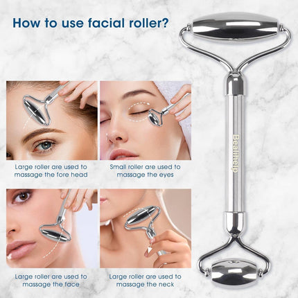 Stainless Steel Face Roller & Gua Sha Set, Facial Massager for Puffiness & Skin Care