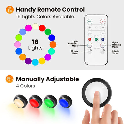 LED Puck Lights 3 Pack, 16 Color RGB Under Cabinet Lights with Remote, Dimmer & Timer