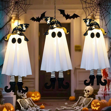 3-Piece Halloween Hanging Ghosts with Witch Hat Lights, Glowing Yard & Garden Decor