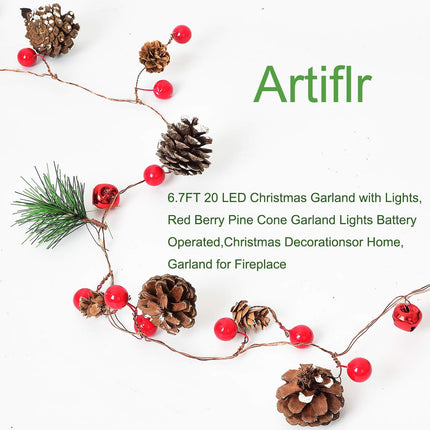 6.7FT Christmas Garland with 20 LED Lights – Red Berries & Pine Cones, Battery Operated