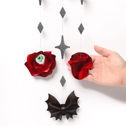 Skull Rose Halloween Garland, Red Rose & Black Skull Gothic Party Hanging Decor
