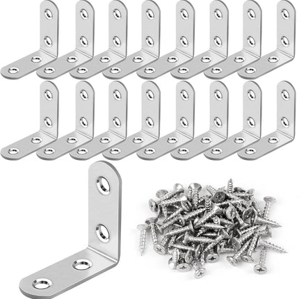 16-Piece Stainless Steel L Bracket Set with 64 Screws, Silver Corner Braces