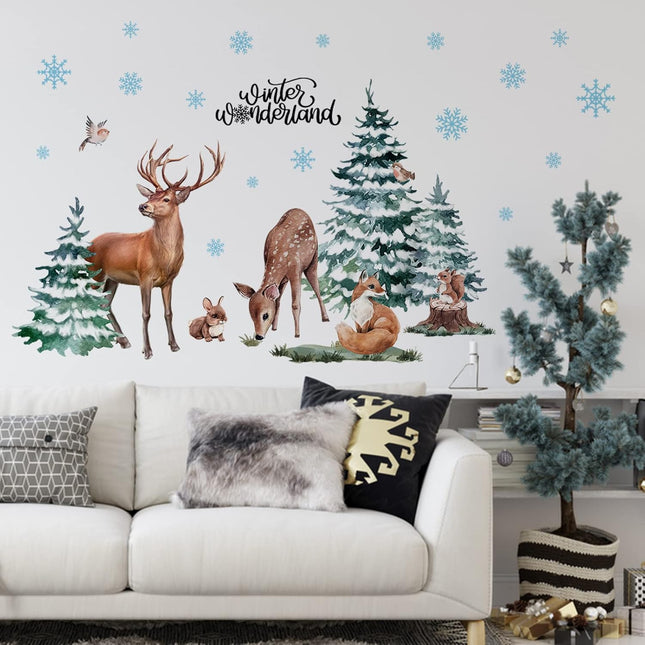 Winter Forest Deer Wall Stickers – Christmas Pine Trees & Animals for Holiday Decor