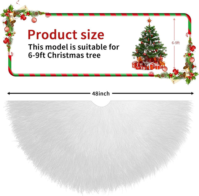 48" White Plush Faux Fur Christmas Tree Skirt – Fits 7.5-9 ft Trees, Snowy Decor