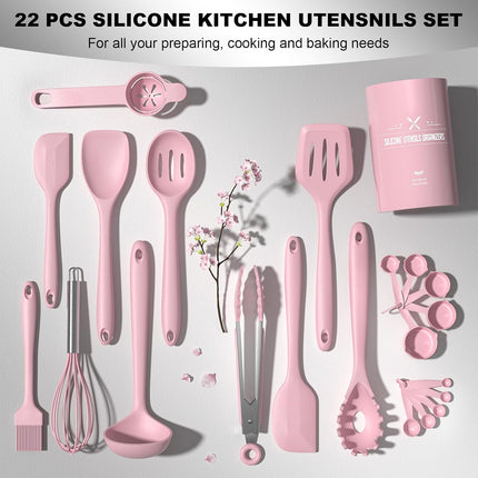 22pcs Pink Silicone Kitchen Utensil Set Heat Resistant Dishwasher Safe Tools